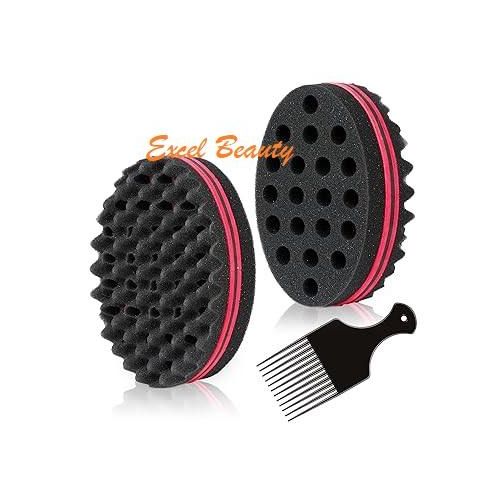 2 Sided Hair Twist Sponge, Magic Sponge Brush, Dread Sponge Afro Hair Sponge for Curls with 6.29 Inch Free Hair Pick Comb (2 PACK)