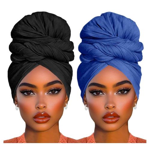 2 Piece Long Solid Color Stretch Head Wrap Jersey Turban Fashion Head Scarf Ultra Soft Extra Long Head Band Lightweight Breathable Head Bands Ties for Women(Black+Denim Blue)