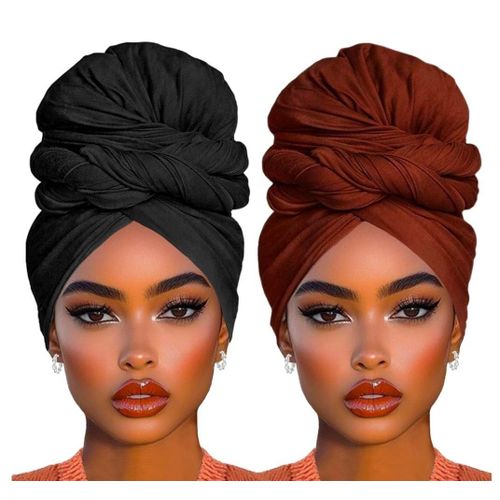 2 Piece Stretch Hijab Extra Jersey Turban African Women's Soft Head Wraps Fashion Head Scarf Long Solid Color Head Band Head Scarf for Women(Black+Coffee)