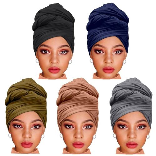 5 Pieces Stretch Jersey Turban Fashion Headband Soft Breathable Long Lightweight and Comfortable Tie Head Wraps for Black Women (Black,Army Green,Dark Blue,Camel,Dark Grey)